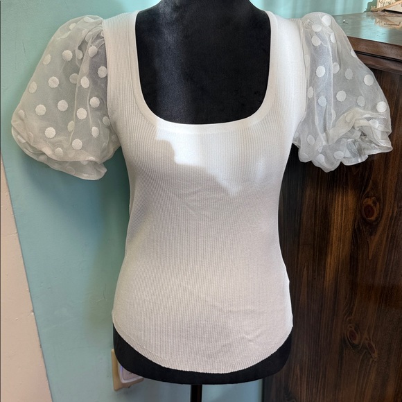 entro Tops - Entro White Ribbed Top with Sheer Puff Sleeves